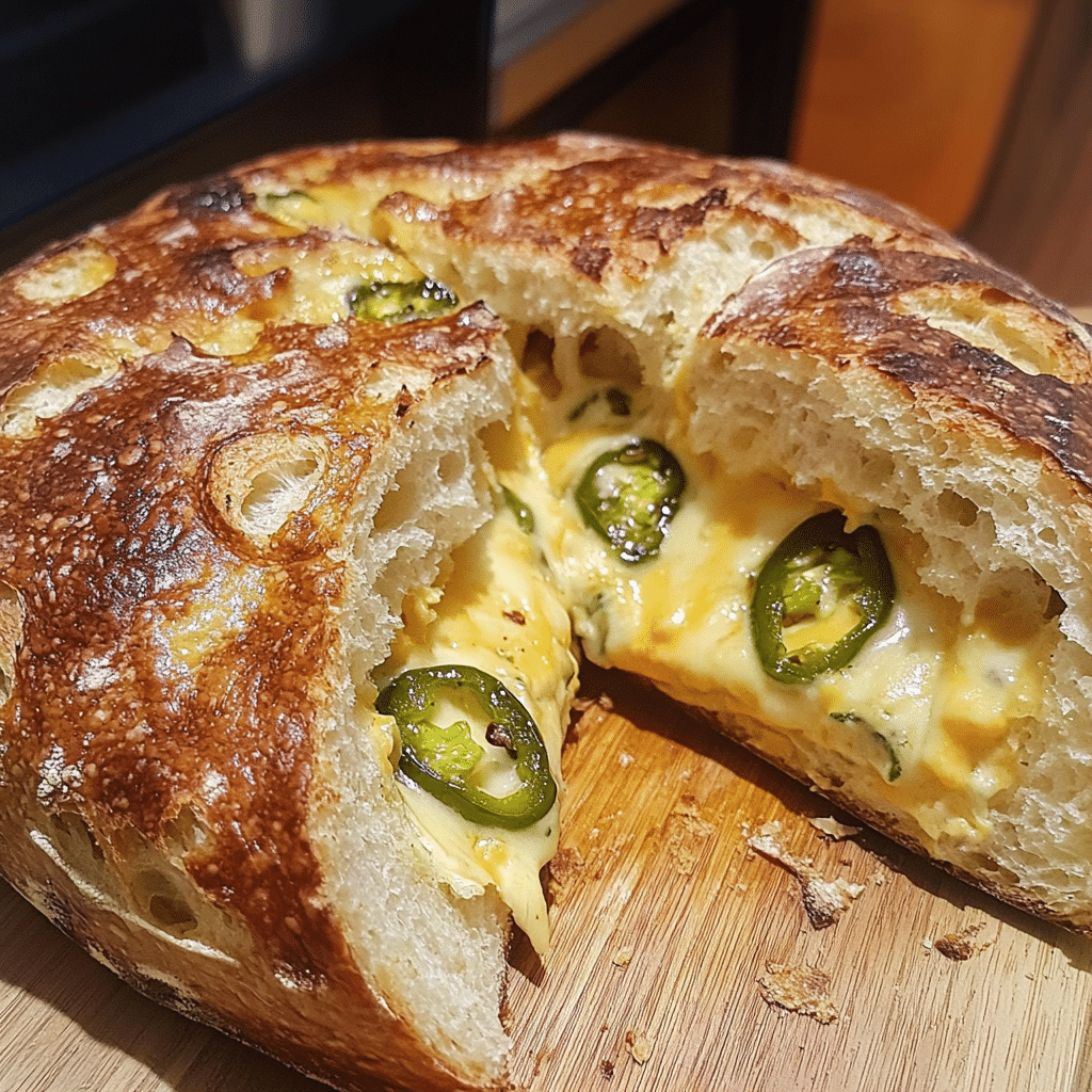 Sliced jalapeño cheddar sourdough bread showing cheddar pockets and jalapeño pieces