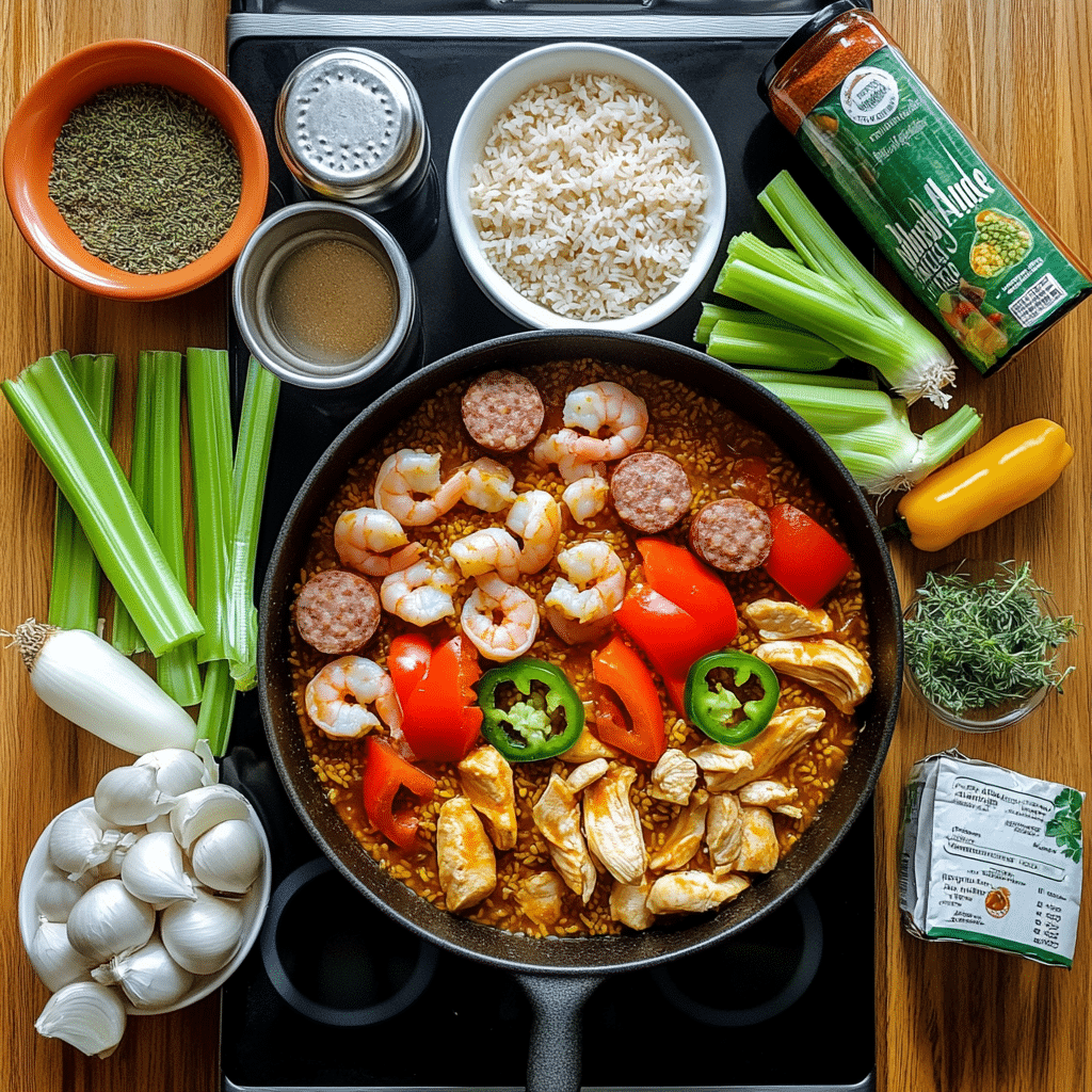 Jambalaya ingredients including rice sausage shrimp chicken pieces peppers onion celery okra tomatoes and Cajun seasoning