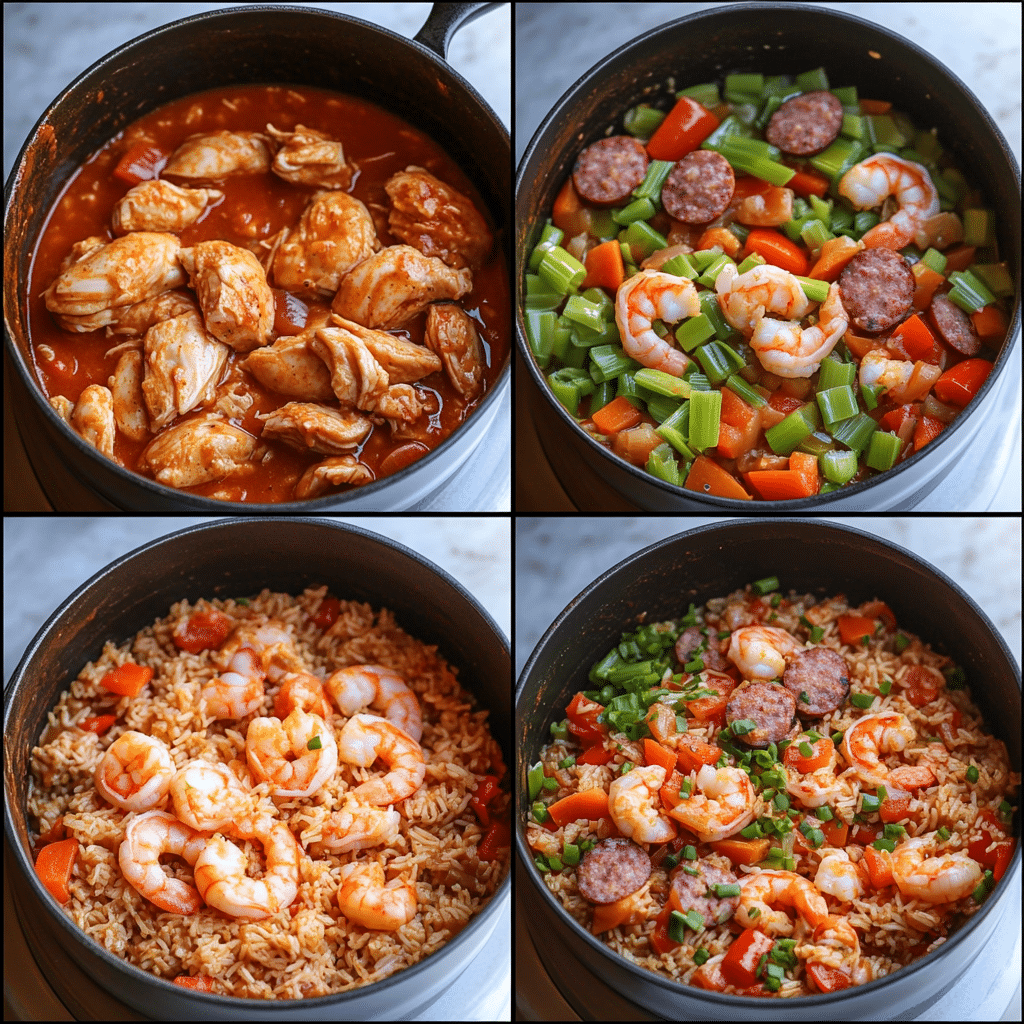 Collage showing browning chicken pieces, sautéing vegetables, simmering rice with tomatoes and stock, and finished jambalaya with shrimp