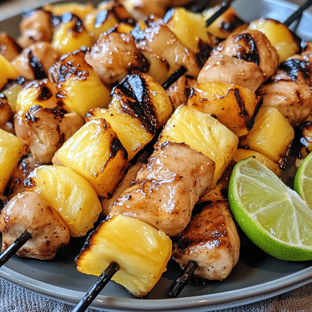 Chicken pineapple kabobs with caramelized pineapple and glaze on a platter