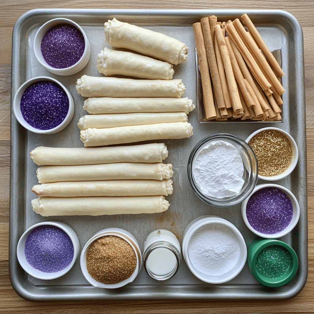 Overhead layout of ingredients for king cake bites including dough, cream cheese, cinnamon sugar, powdered sugar, and sprinkles