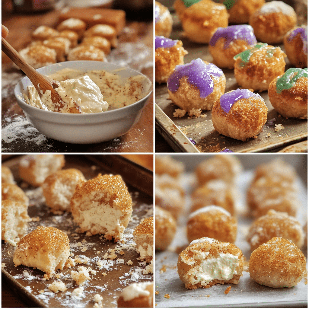 Four-panel collage showing mixing filling, rolling dough, baking bites, and glazing with Mardi Gras sugar