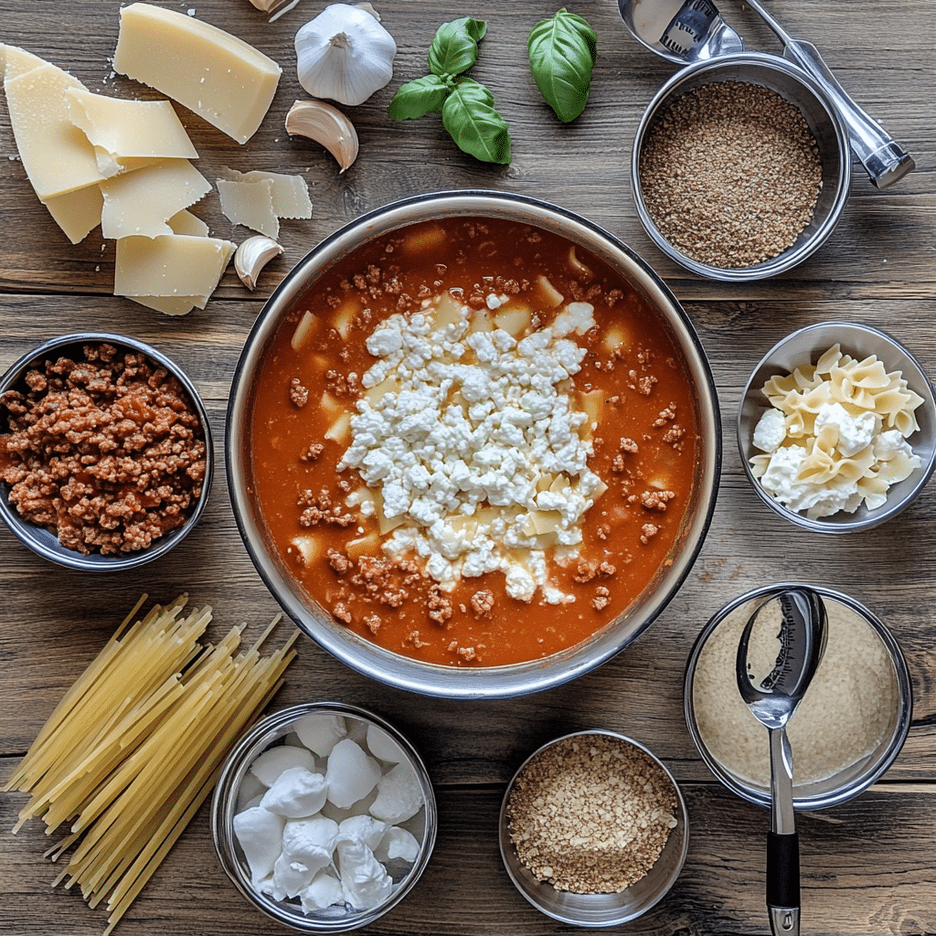 Ingredients for lasagna soup including ground beef, tomatoes, broth, pasta, ricotta, and mozzarella