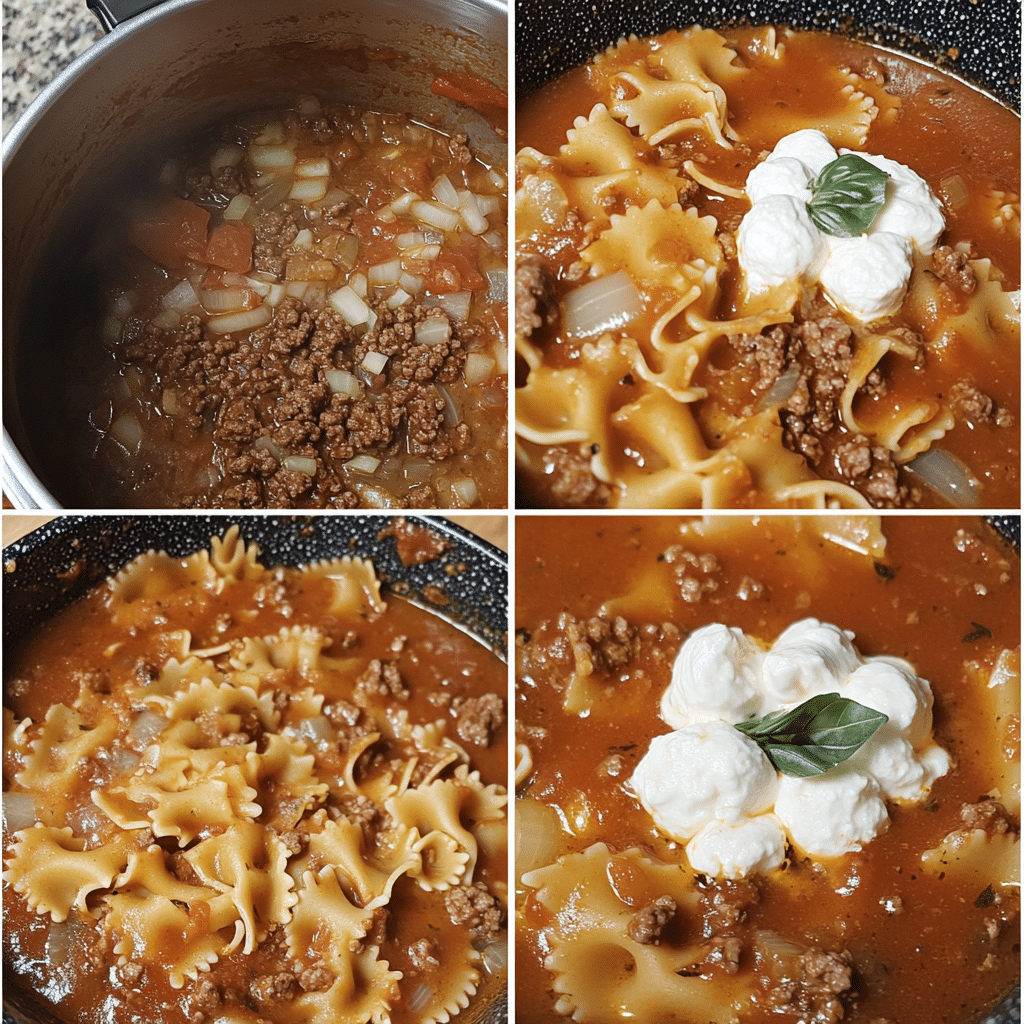 Four-step collage showing browning meat, simmering soup, cooking pasta, and topping with cheese