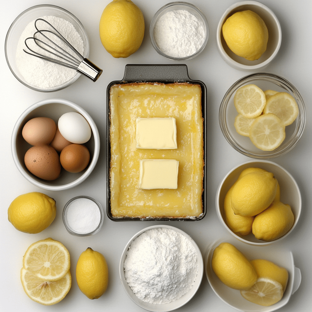 Ingredients for lemon bars including butter, flour, sugar, eggs, lemons, and powdered sugar