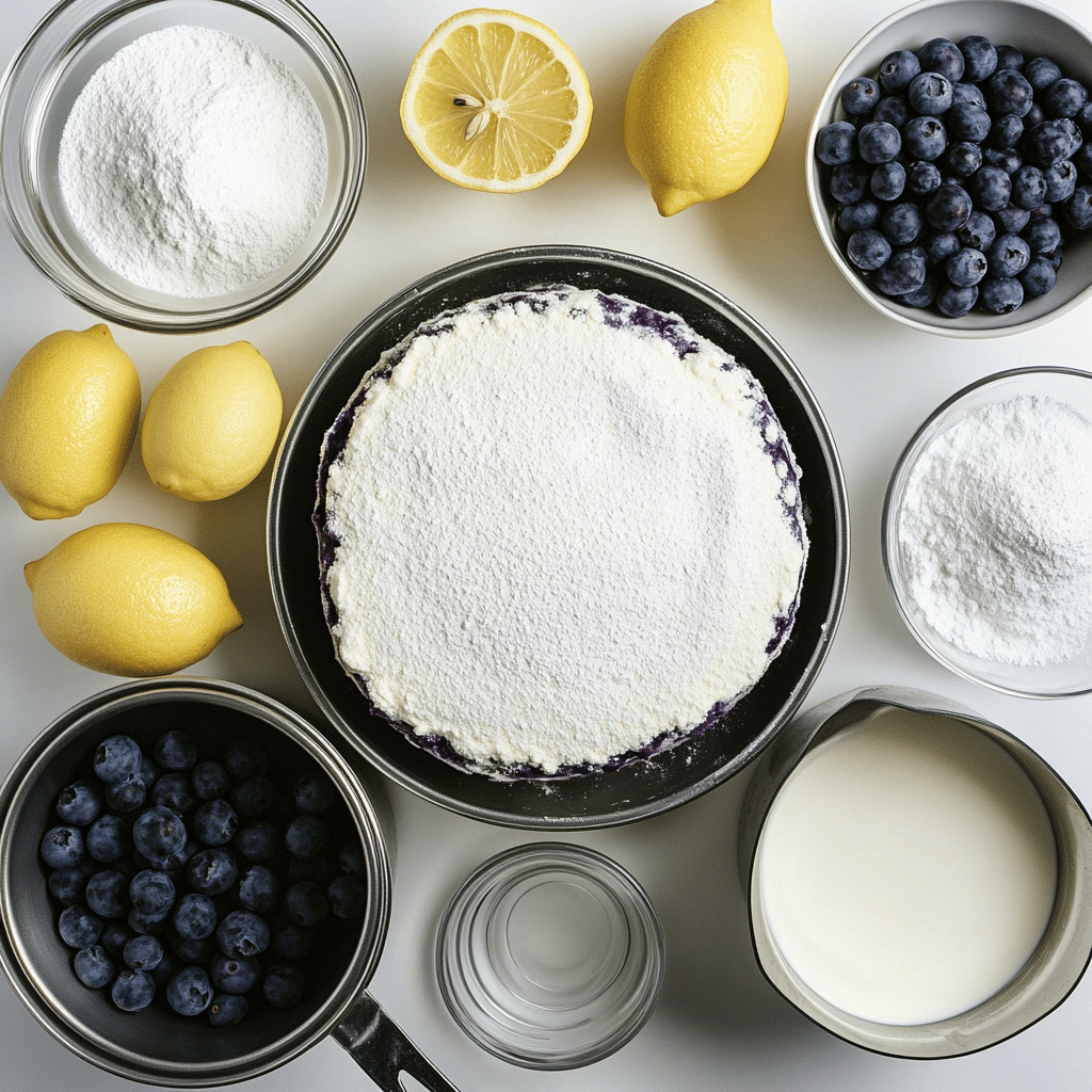 Ingredients for lemon blueberry layer cake including lemons, blueberries, flour, butter, eggs, and powdered sugar