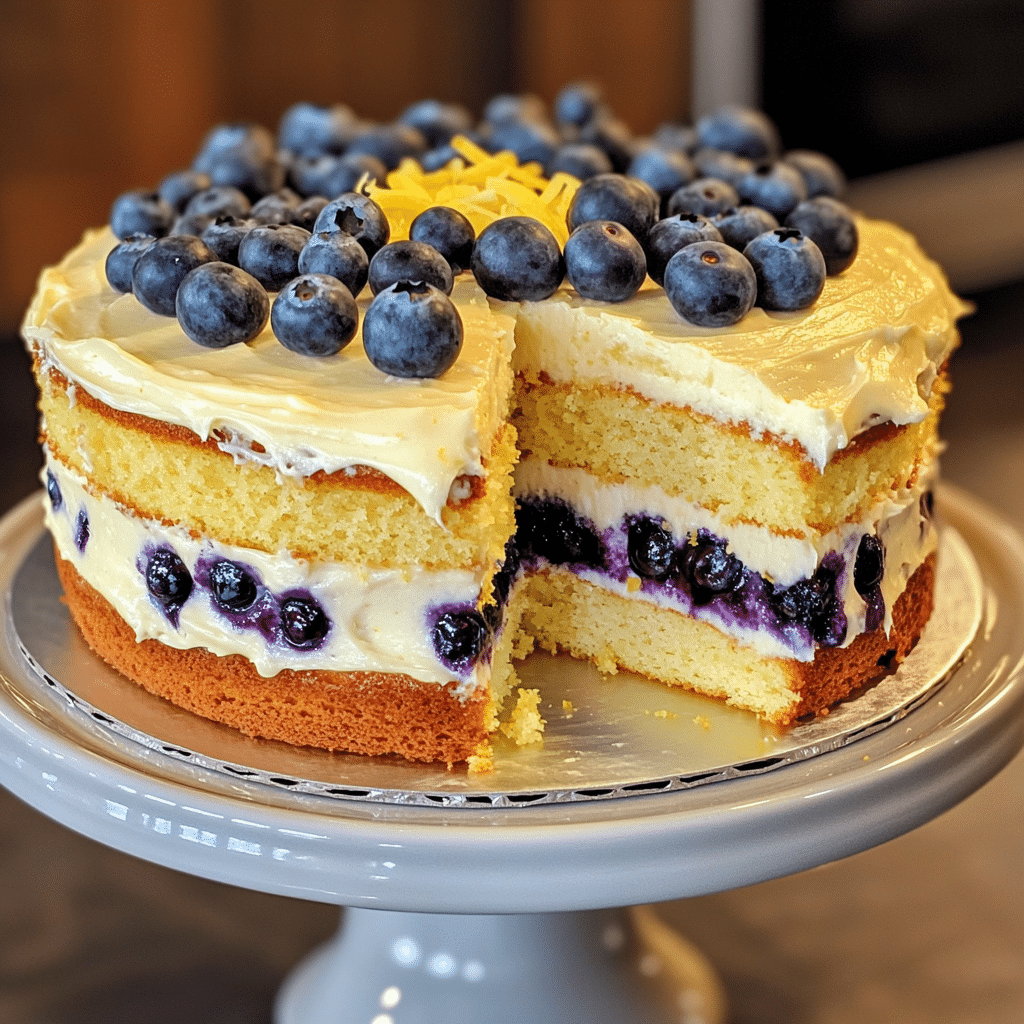 Lemon blueberry layer cake with lemon frosting and blueberries on top, sliced to show layers