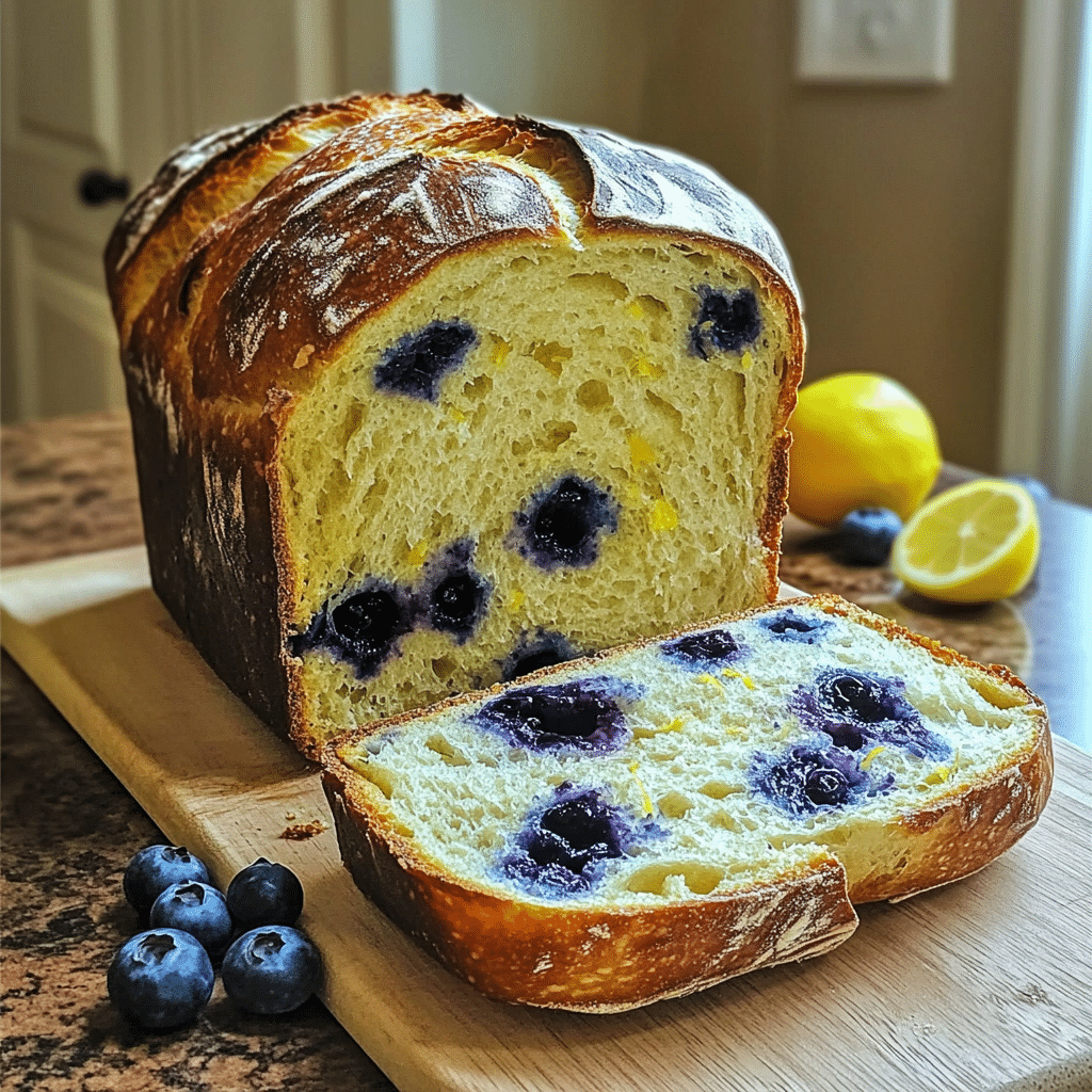 Sliced lemon blueberry sourdough bread loaf with blueberries and lemon on a cutting board