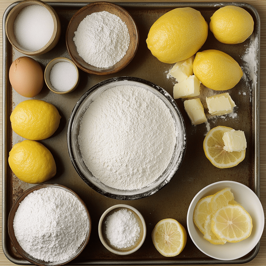 Ingredients for lemon crinkle cookies including lemons, flour, butter, eggs, and powdered sugar