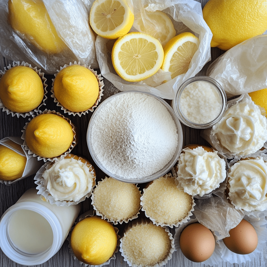 Ingredients for lemon cupcakes and lemon buttercream including lemons, butter, sugar, flour, eggs, and powdered sugar