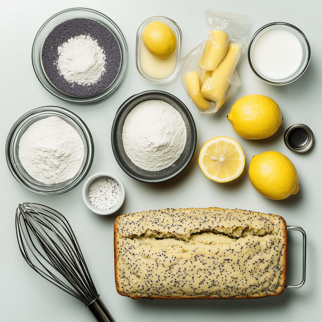 Ingredients for glazed lemon poppy seed bread including flour poppy seeds lemons sour cream oil and powdered sugar