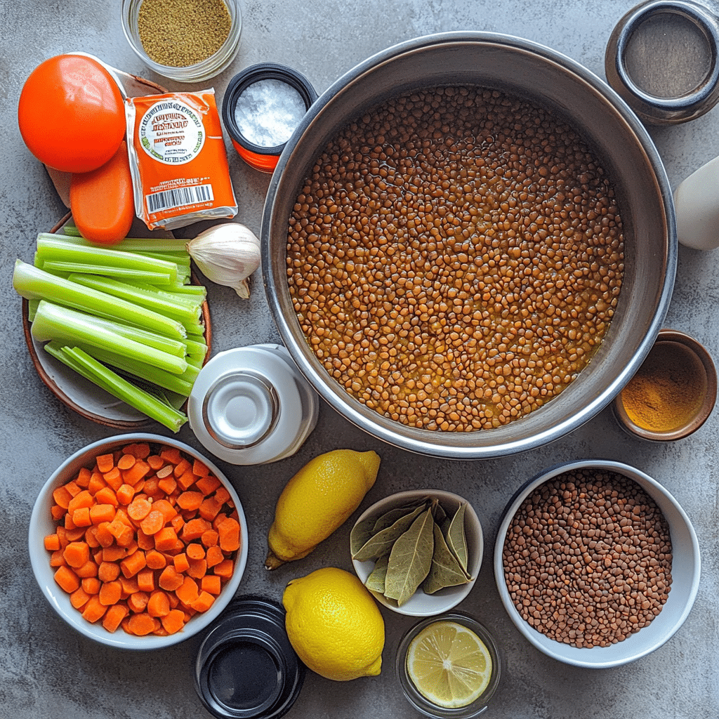 ingredients for lentil soup including lentils carrots celery tomatoes broth and spices