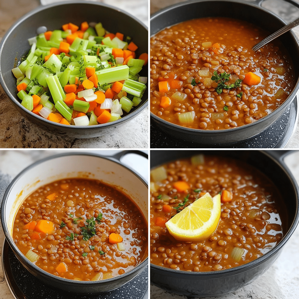 four panel collage showing steps to make lentil soup