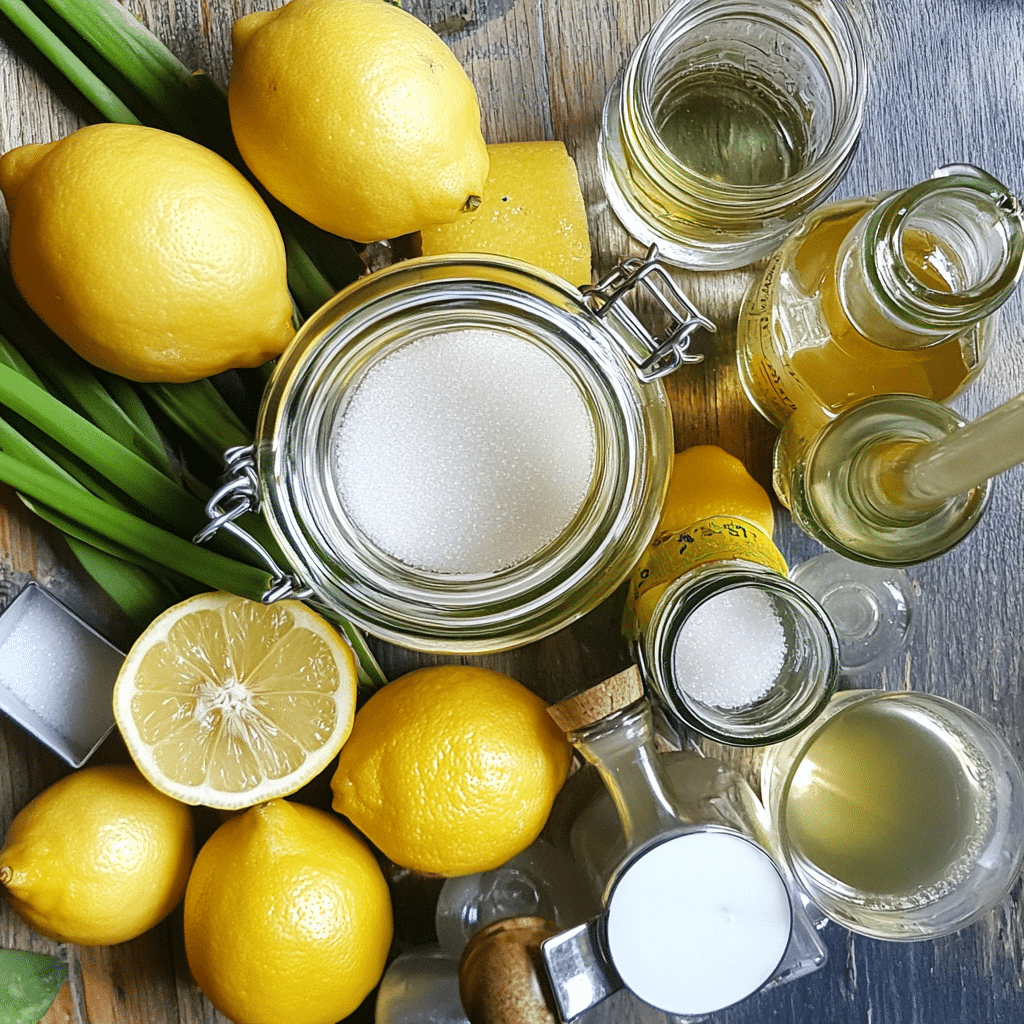 Ingredients for limoncello including lemons, sugar, water, and alcohol base