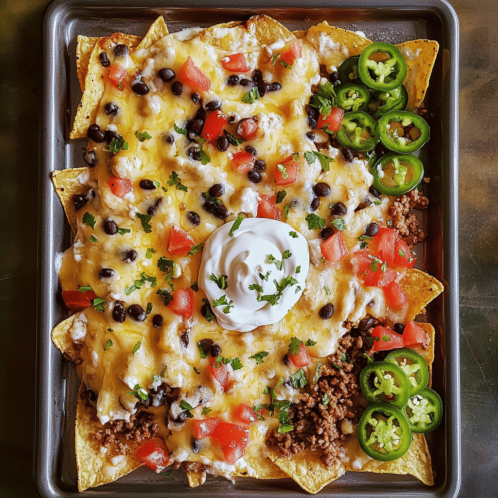 Sheet pan nachos with melted cheese beans and fresh toppings