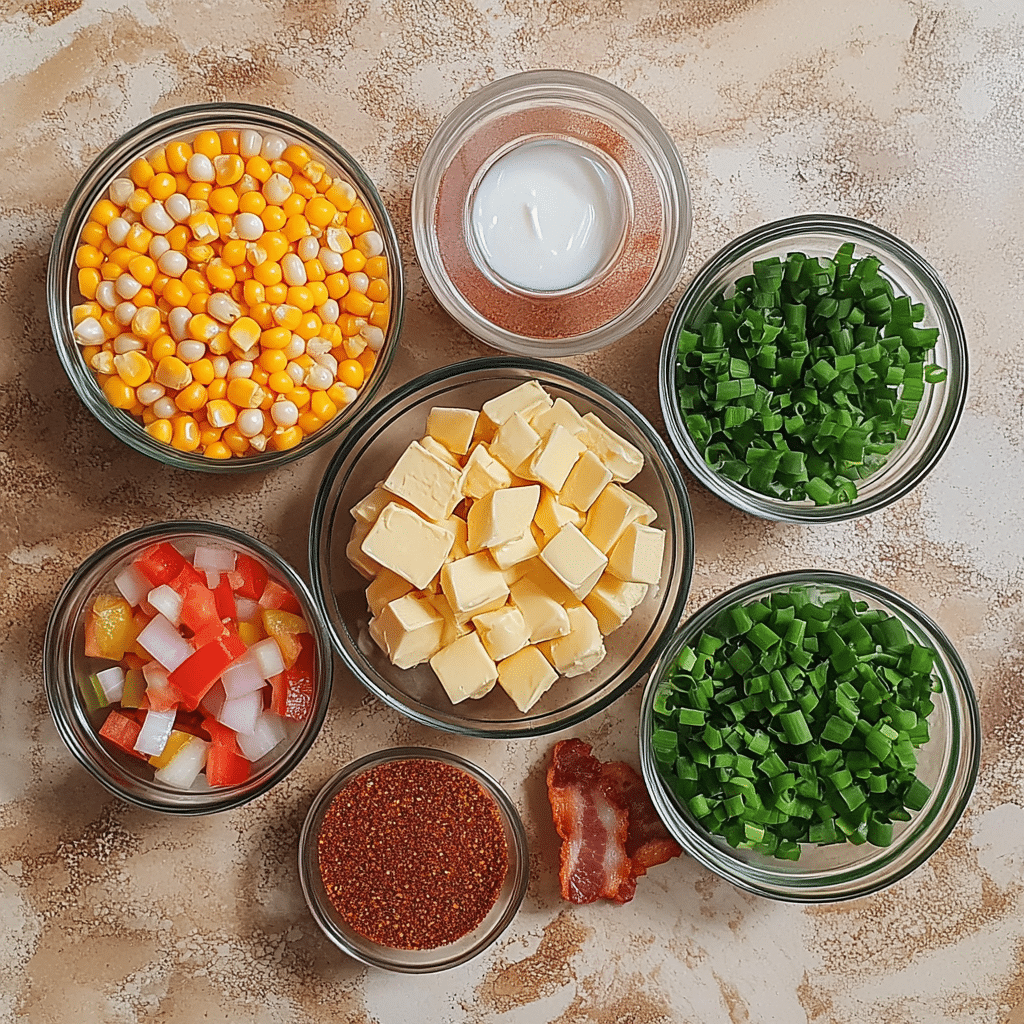 Overhead layout of ingredients for maque choux including corn, peppers, onion, butter, cream, and seasoning