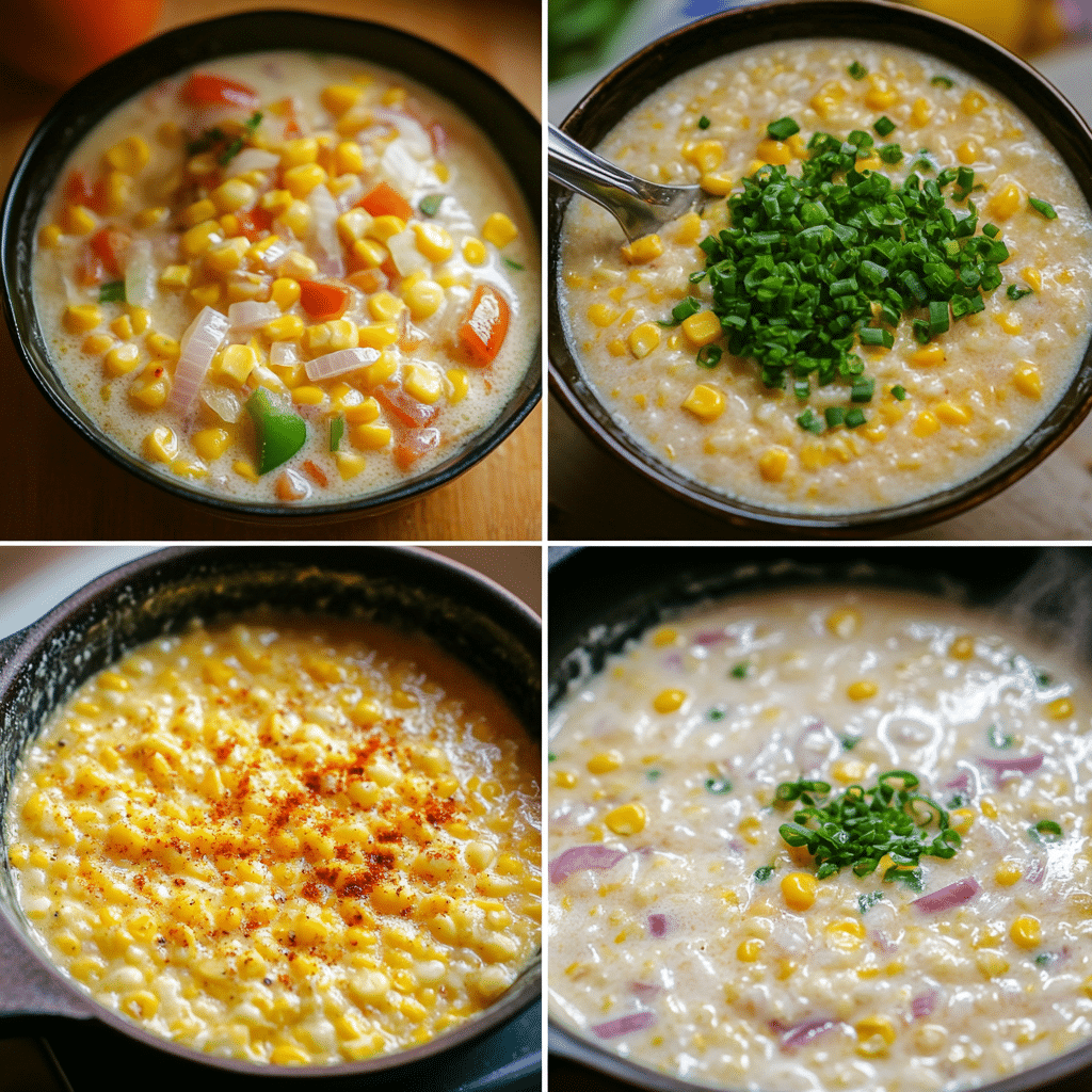 Four-panel collage showing sautéing, adding corn, stirring in cream, and serving maque choux