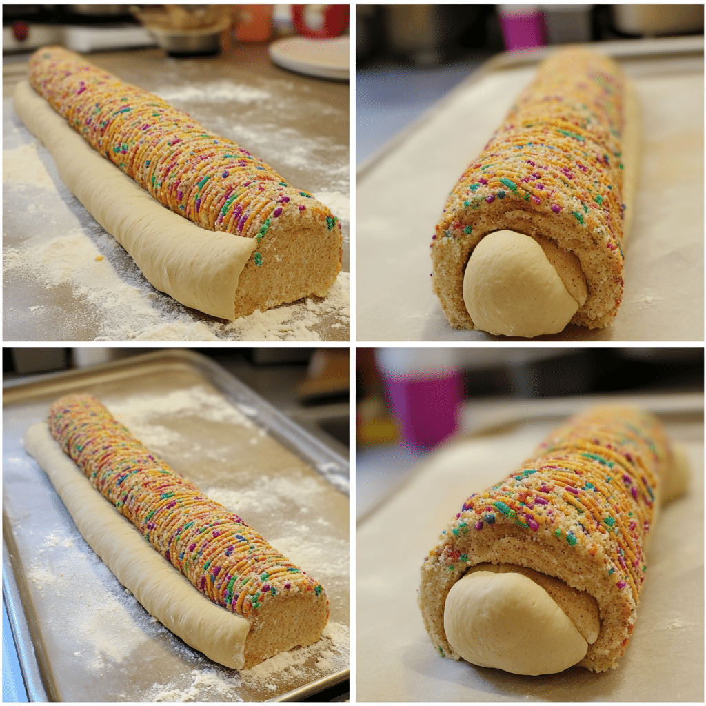 Collage showing yeast blooming, kneading dough, spreading cinnamon filling, and shaping king cake into a ring