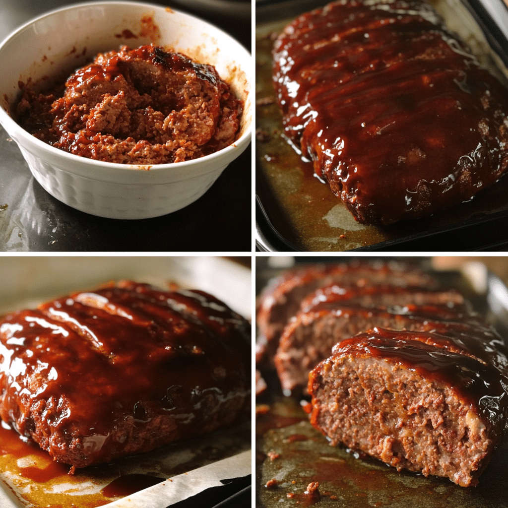Four-step collage showing mixing, shaping, glazing, and slicing meatloaf