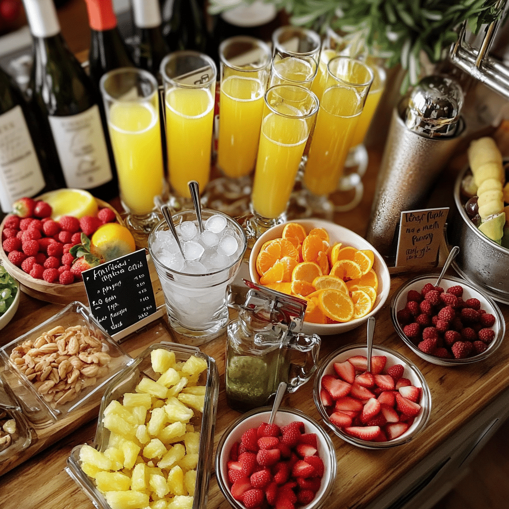 Mimosa bar ingredients and supplies including juices, fruit garnishes, flutes, and ice bucket