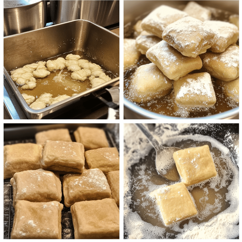 Collage showing blooming yeast, mixing dough, cutting squares, and frying beignets until puffed