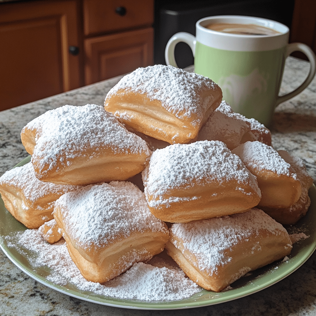 New Orleans-style beignets piled on a plate and dusted with powdered sugar
