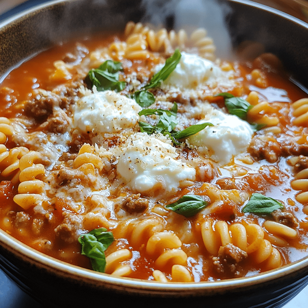 Bowl of lasagna soup with ricotta dollops, mozzarella, basil, and pasta in tomato broth