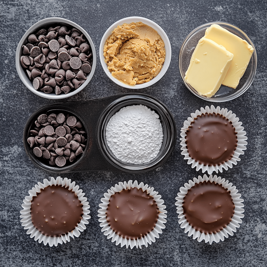 Ingredients for homemade peanut butter cups including chocolate, peanut butter, powdered sugar, and liners