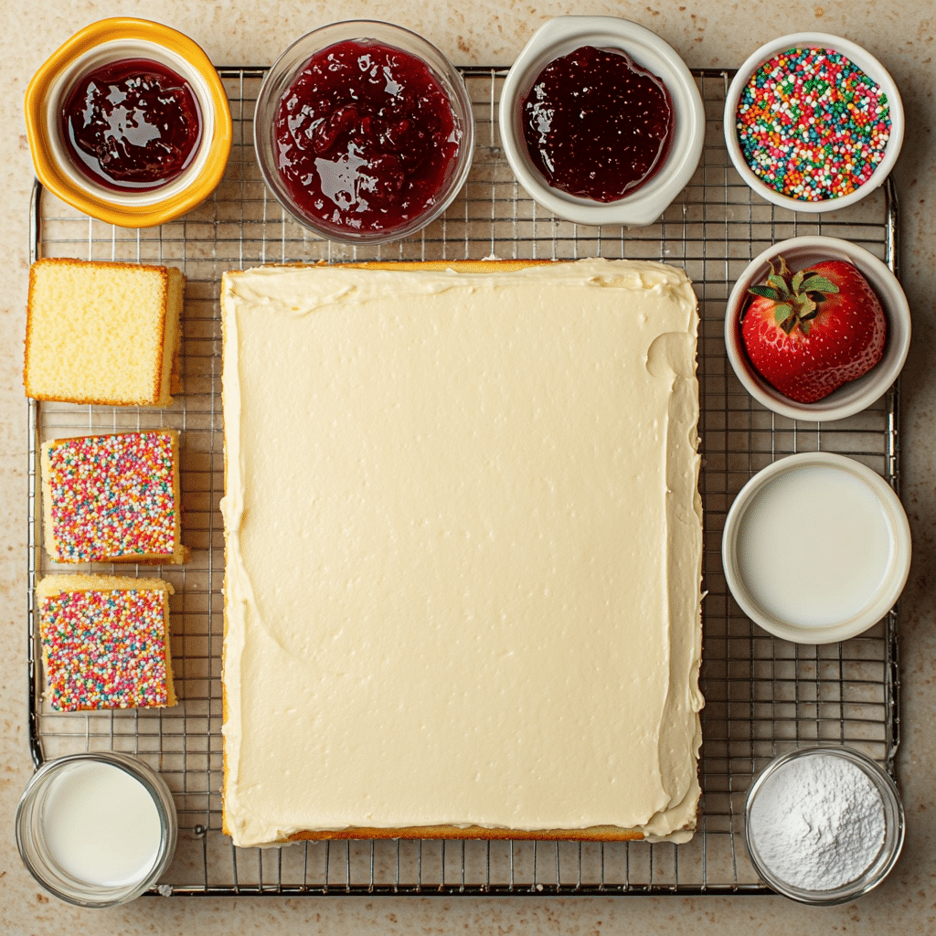 Ingredients for petit fours including sheet cake, jam or frosting, powdered sugar icing, and sprinkles