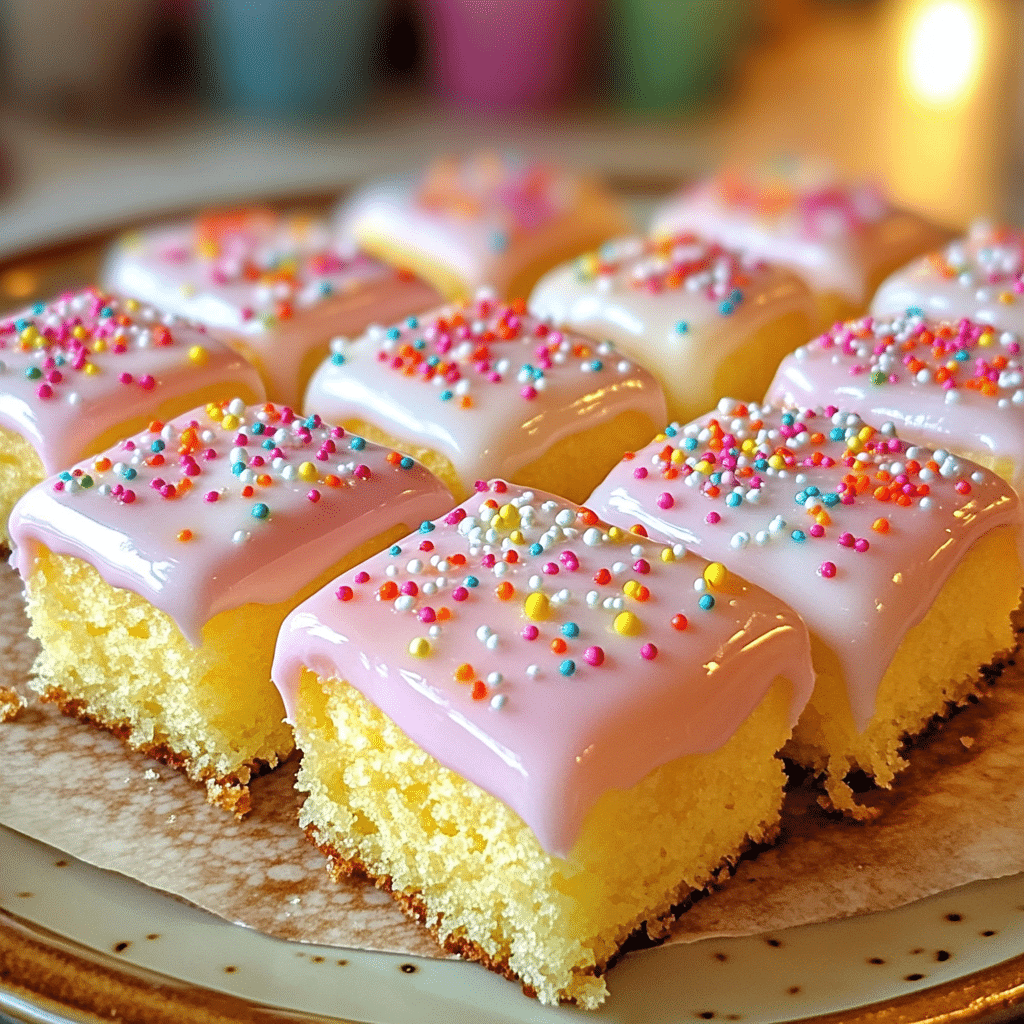 Petit fours cake squares coated in pastel icing on a dessert platter
