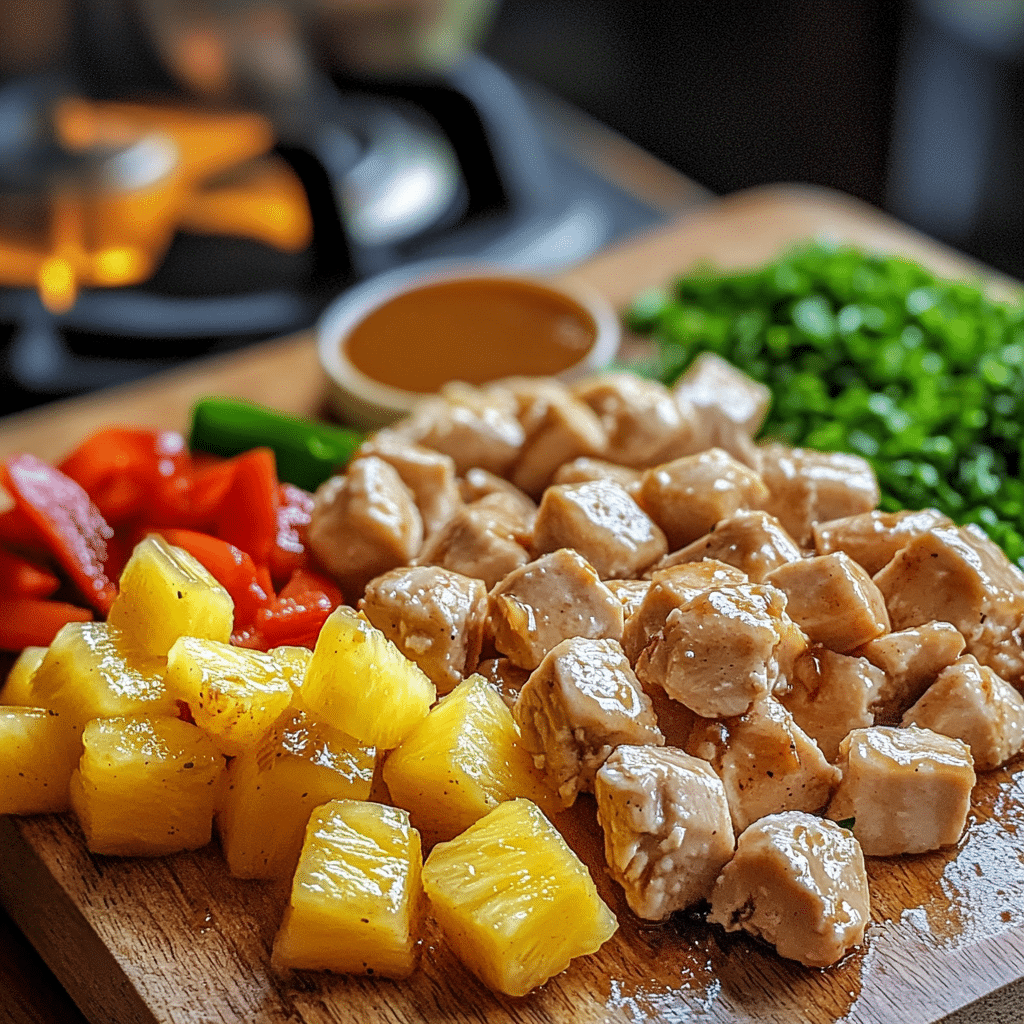 Cutting board with cubed chicken, pineapple, bell peppers, garlic, and small bowls of sauce ingredients