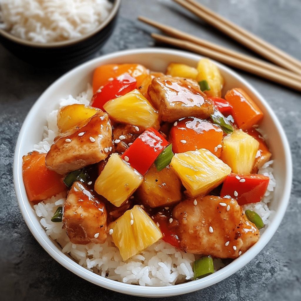 Four-panel collage of searing chicken, cooking peppers, adding pineapple and sauce, and serving over rice