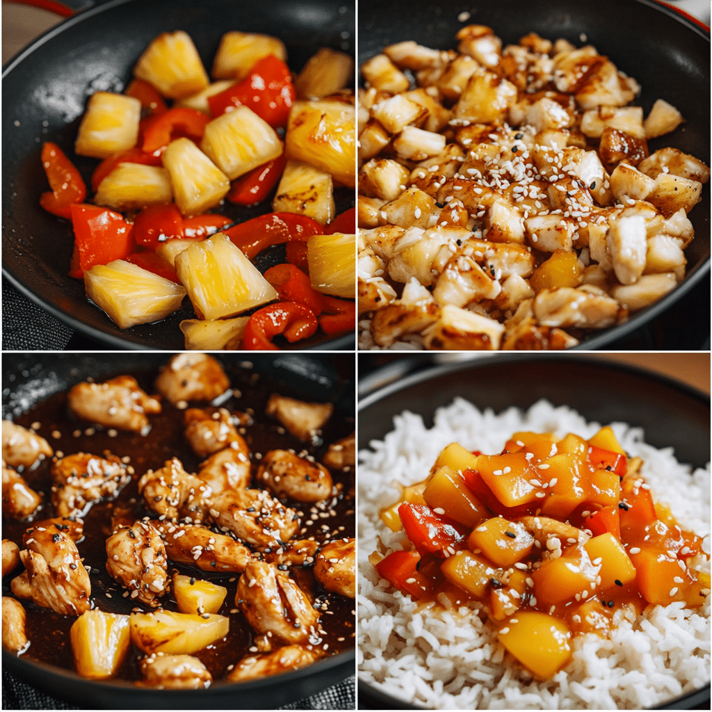 Overhead rice bowl topped with pineapple chicken, peppers, and pineapple chunks with chopsticks nearby