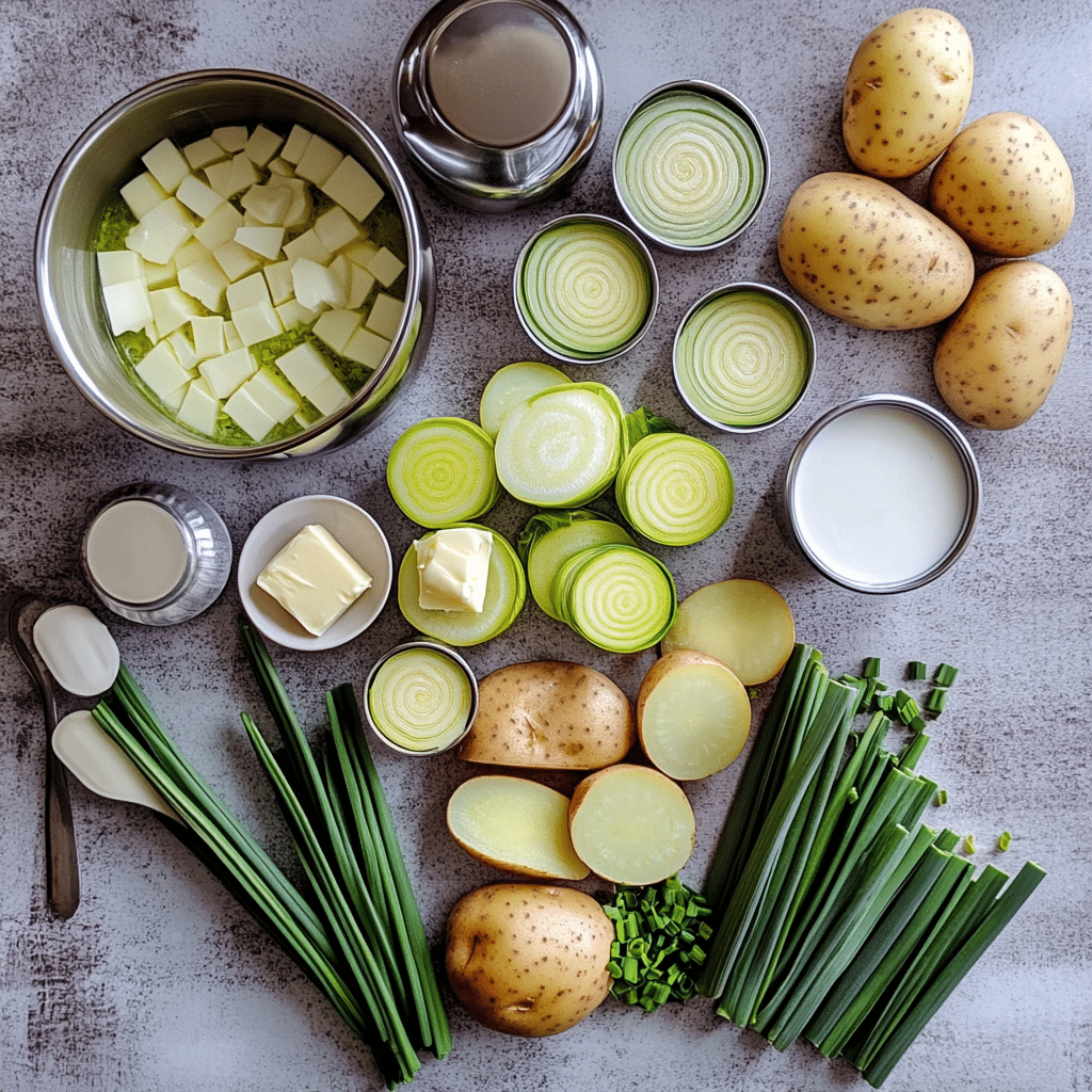 Ingredients for potato leek soup including leeks, potatoes, broth, and milk