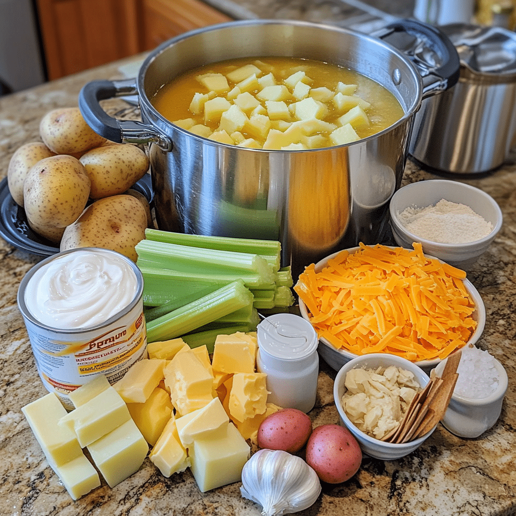 ingredients for potato soup including potatoes onion broth milk butter flour and cheese