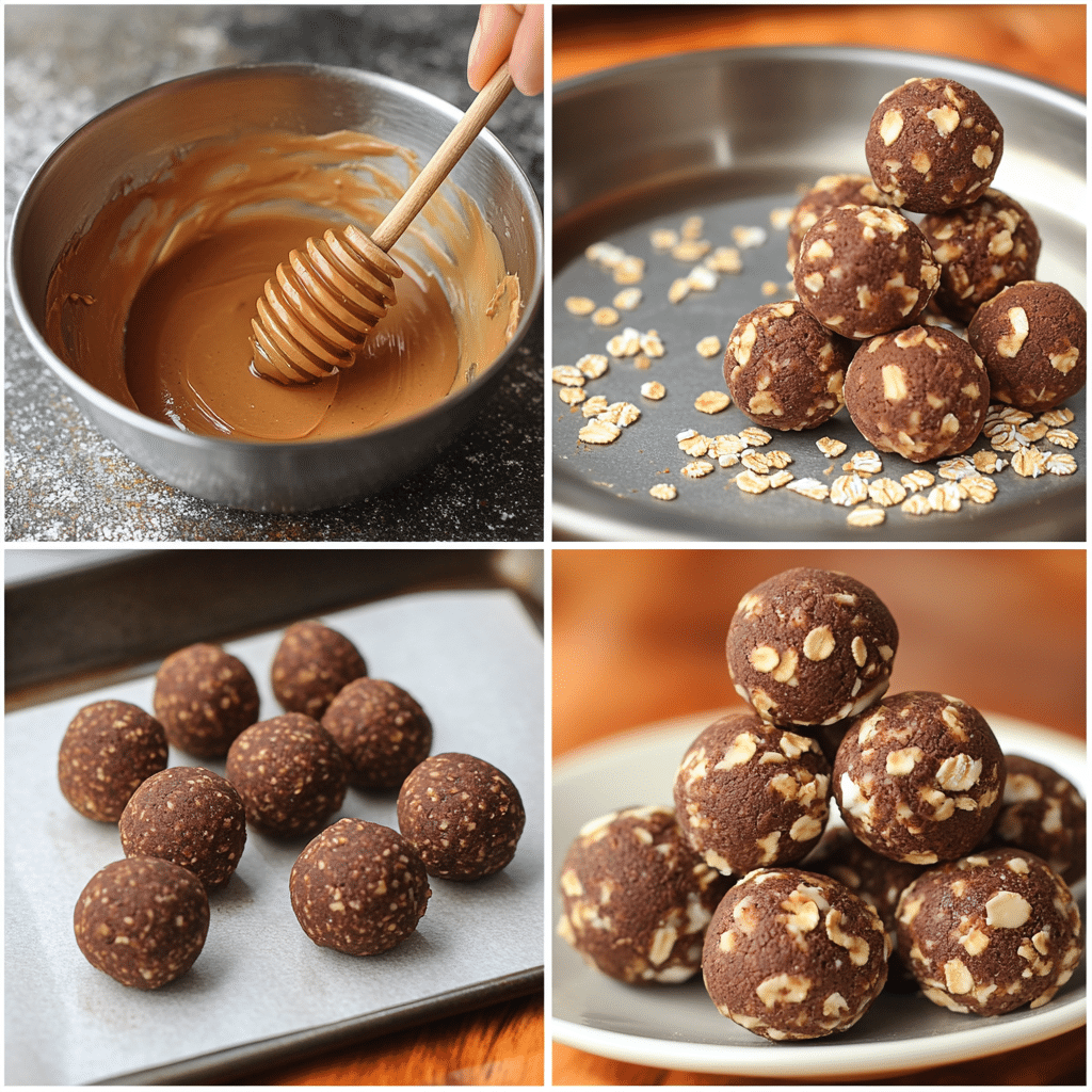 Four-panel collage of mixing ingredients, rolling into balls, and serving finished chocolate peanut butter protein balls