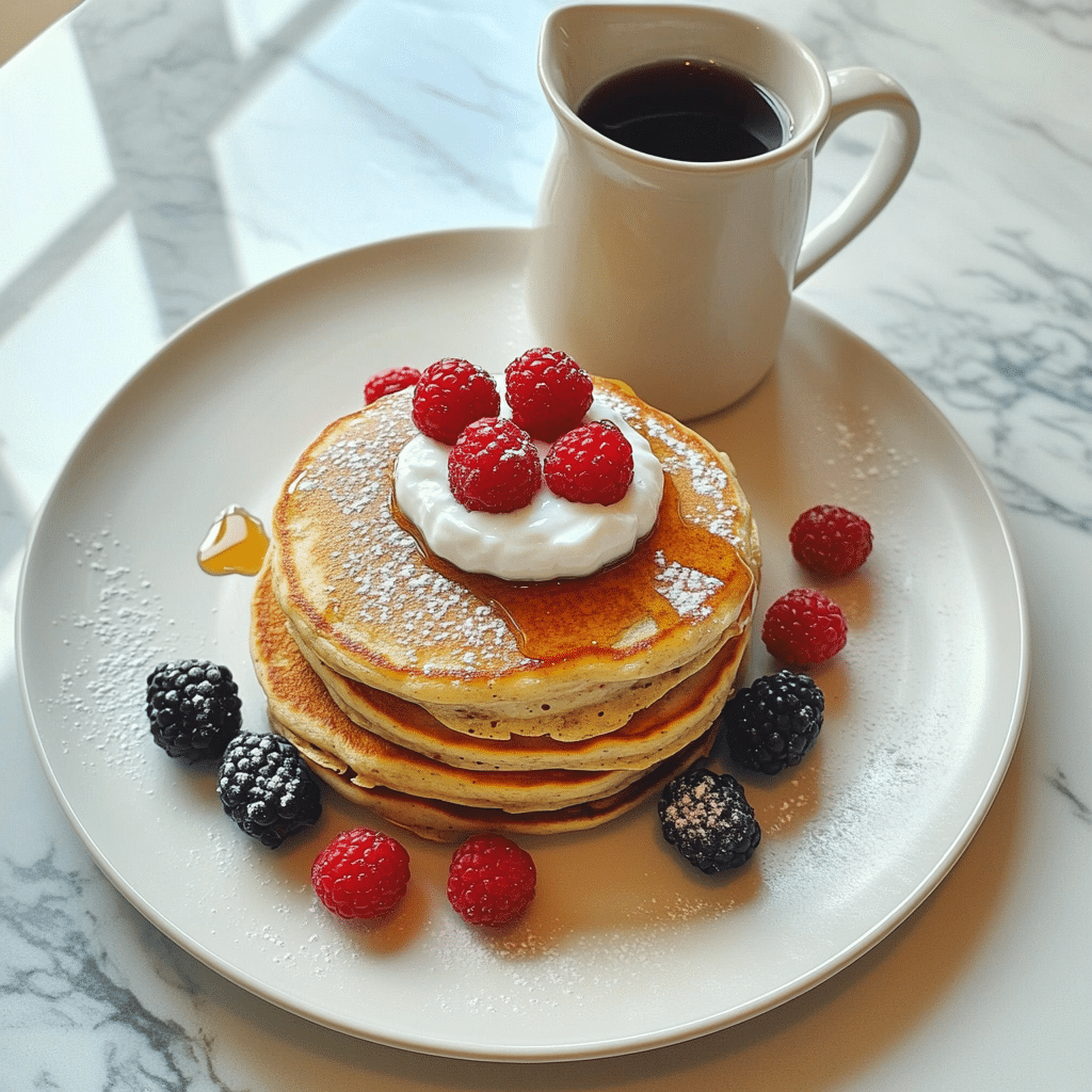 Overhead breakfast plate with stacked protein pancakes topped with berries, yogurt, and maple syrup nearby