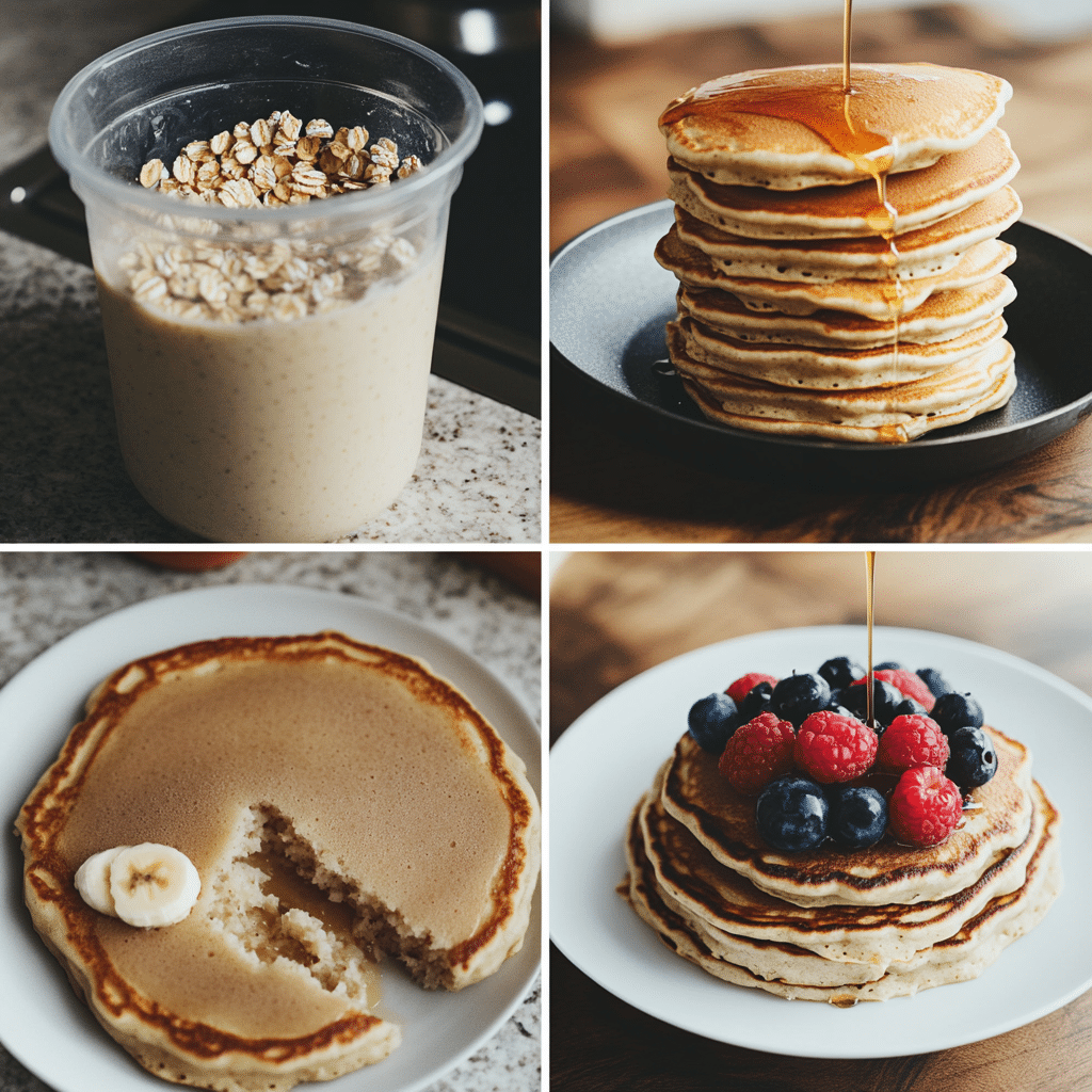 Four-panel collage of blending batter, cooking pancakes on a skillet, flipping, and serving a stacked plate