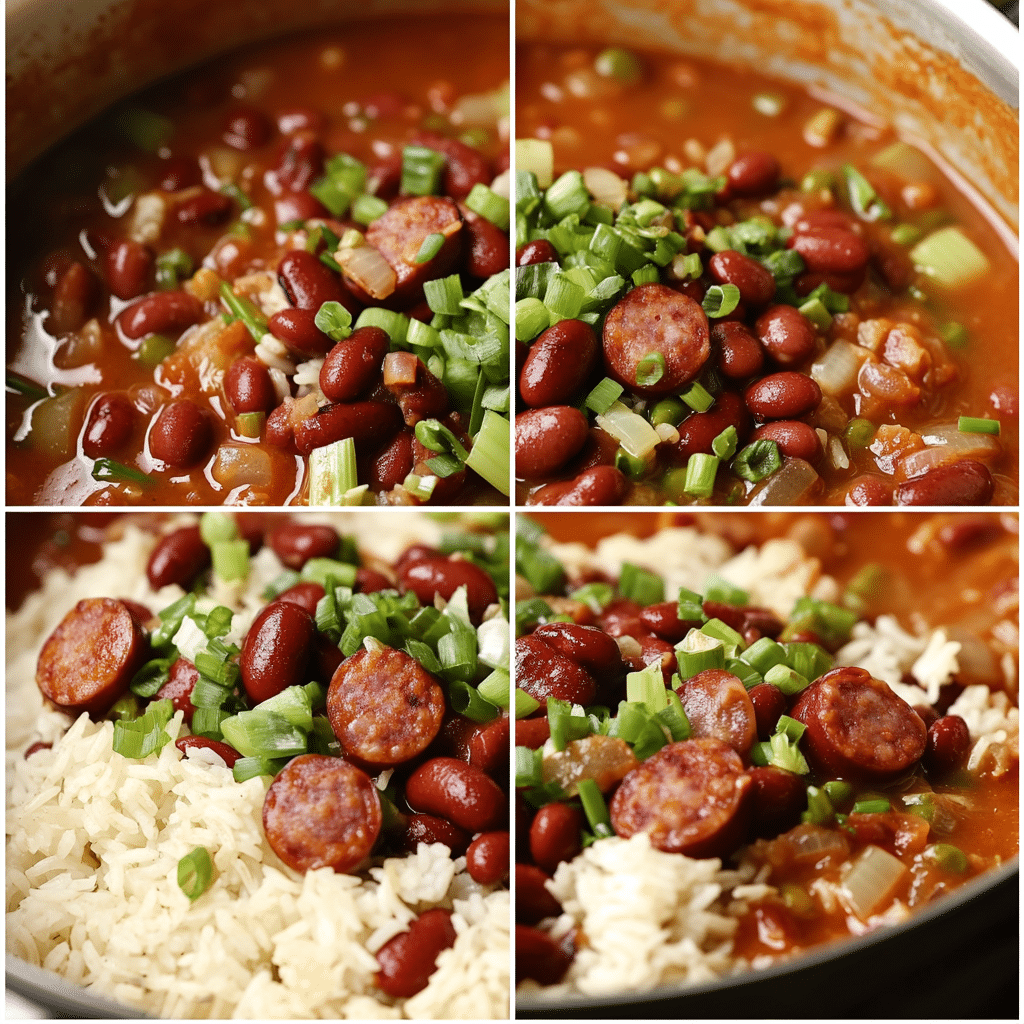 Four-panel collage showing browning sausage, sautéing vegetables, simmering beans, and serving over rice
