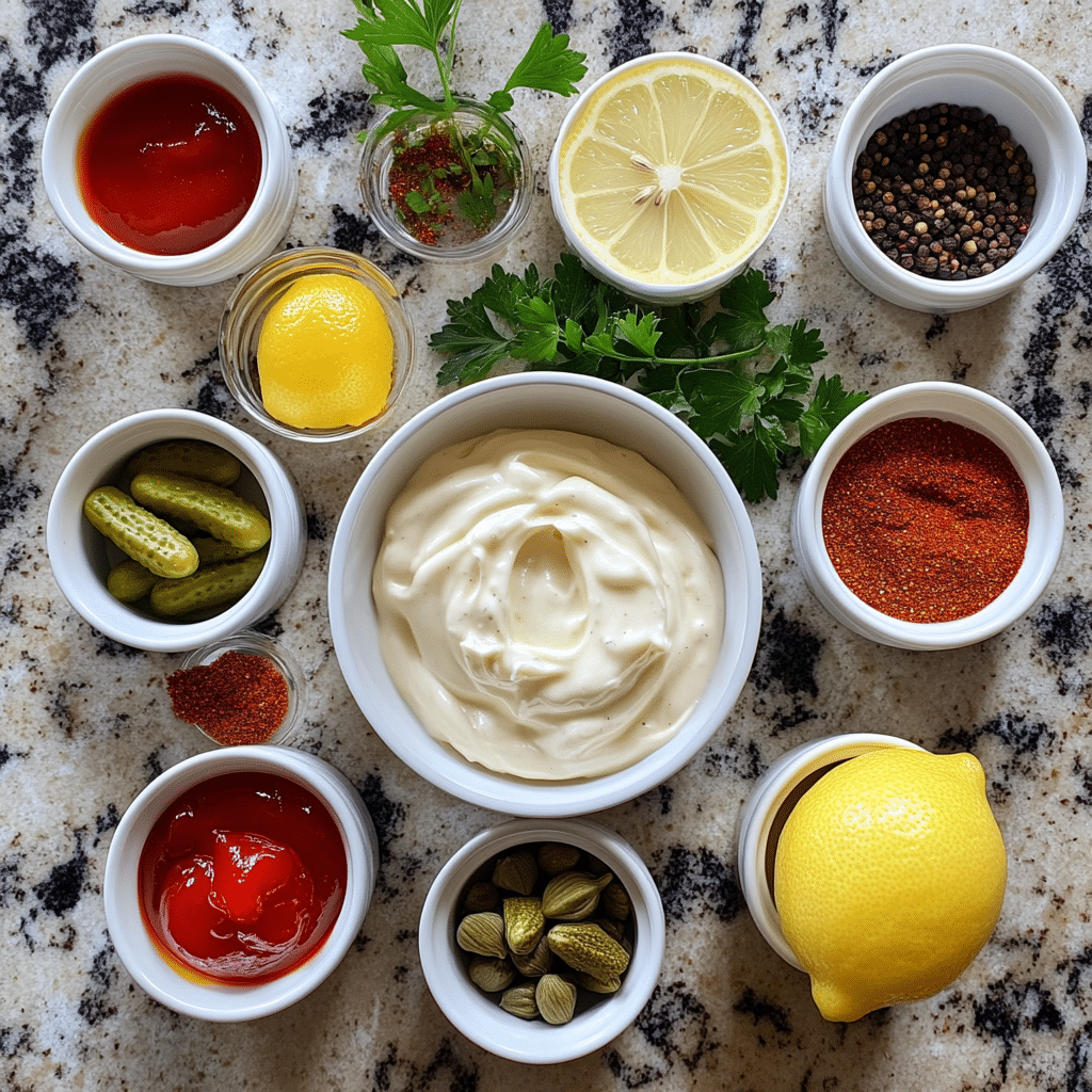 Overhead layout of ingredients for remoulade sauce including mayonnaise, mustard, lemon, hot sauce, pickles, and spices