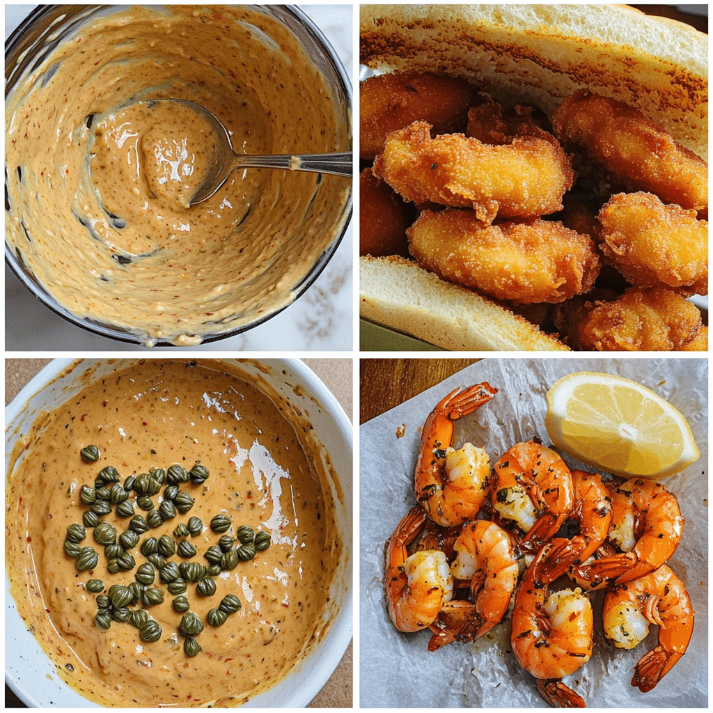 Four-panel collage showing mixing, adding seasonings, whisking, and serving remoulade sauce