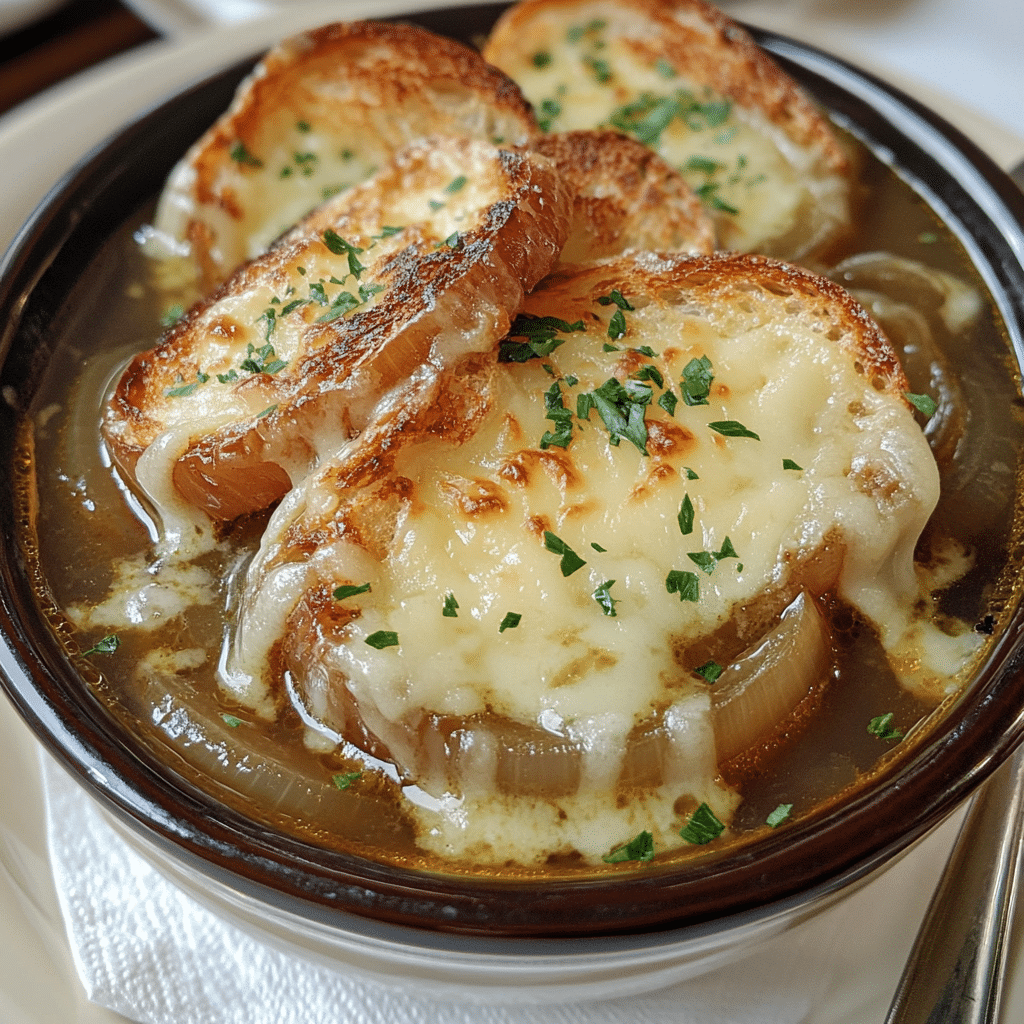 French onion soup with caramelized onions, toasted bread, and melted cheese
