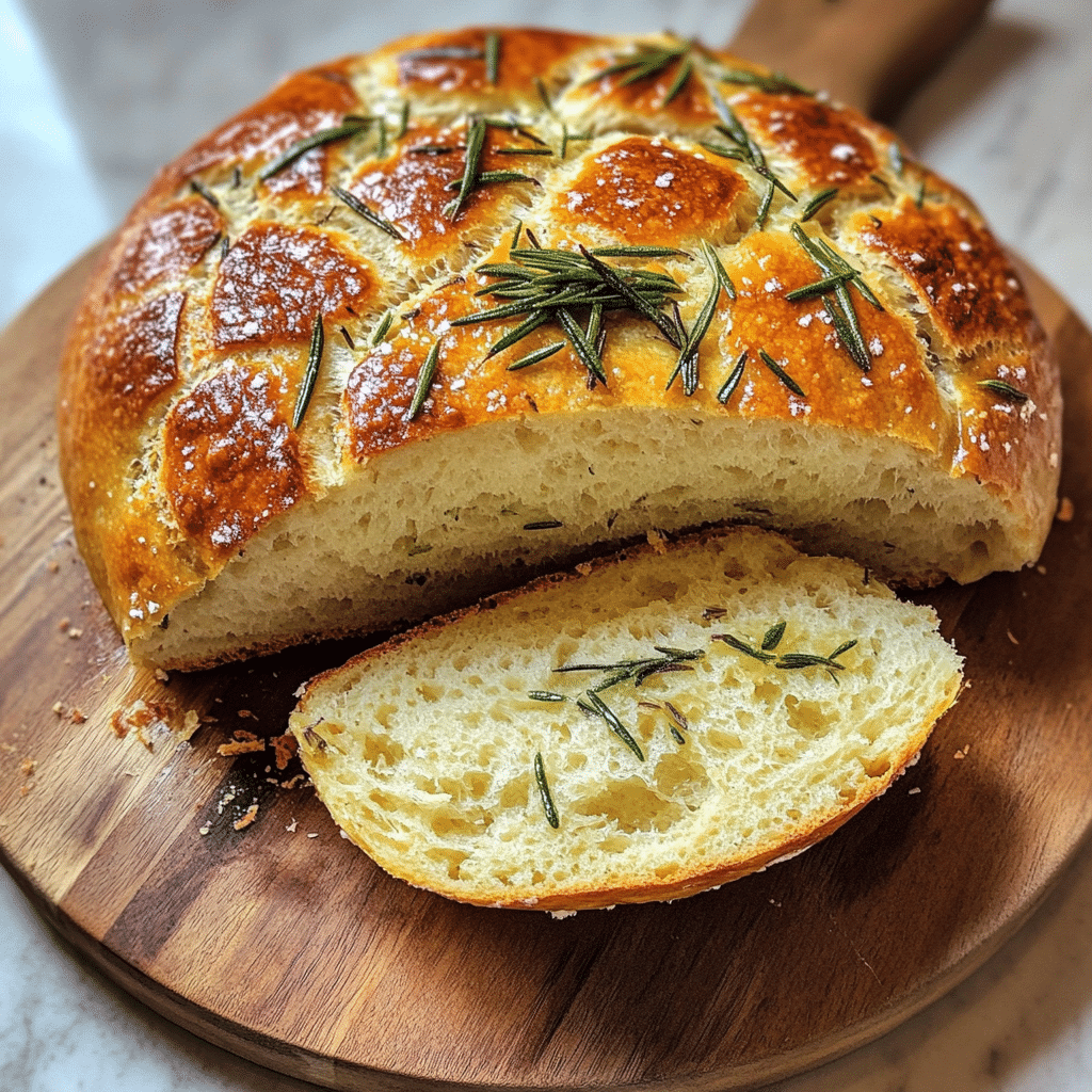 Rosemary sourdough bread loaf sliced on a wooden board