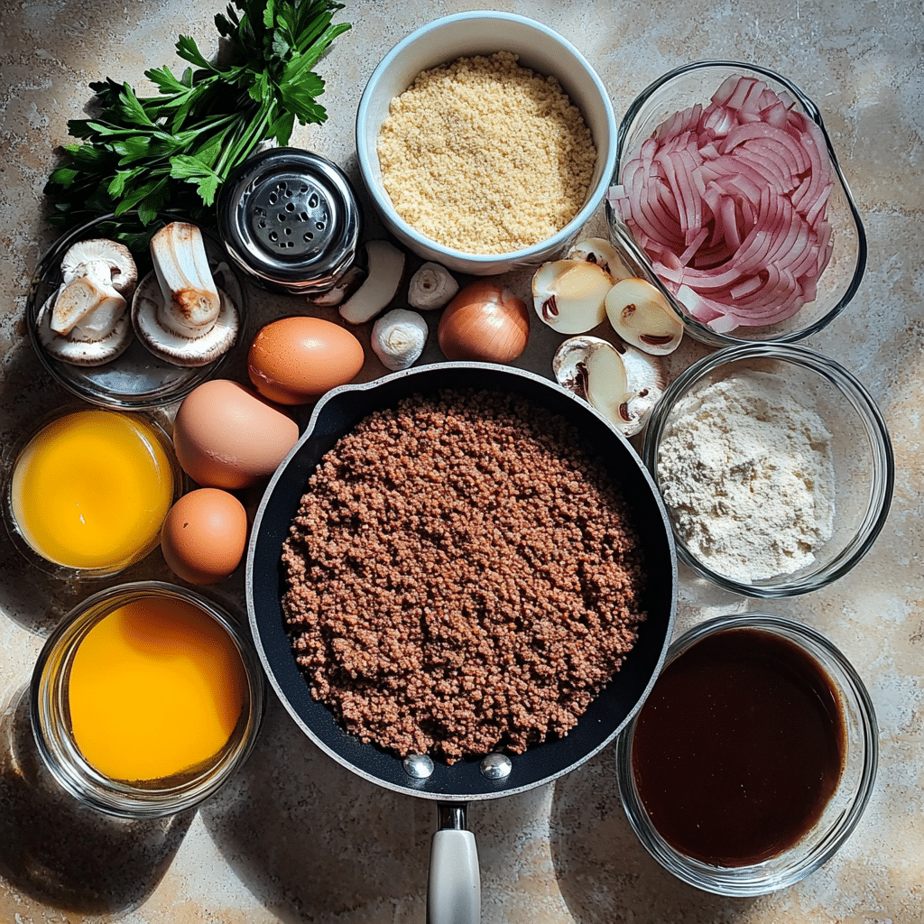Ingredients for Salisbury steak including ground beef, mushrooms, broth, and seasonings