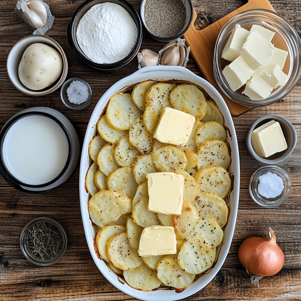 Ingredients for scalloped potatoes including potatoes, onion, milk, cream, butter, and seasonings