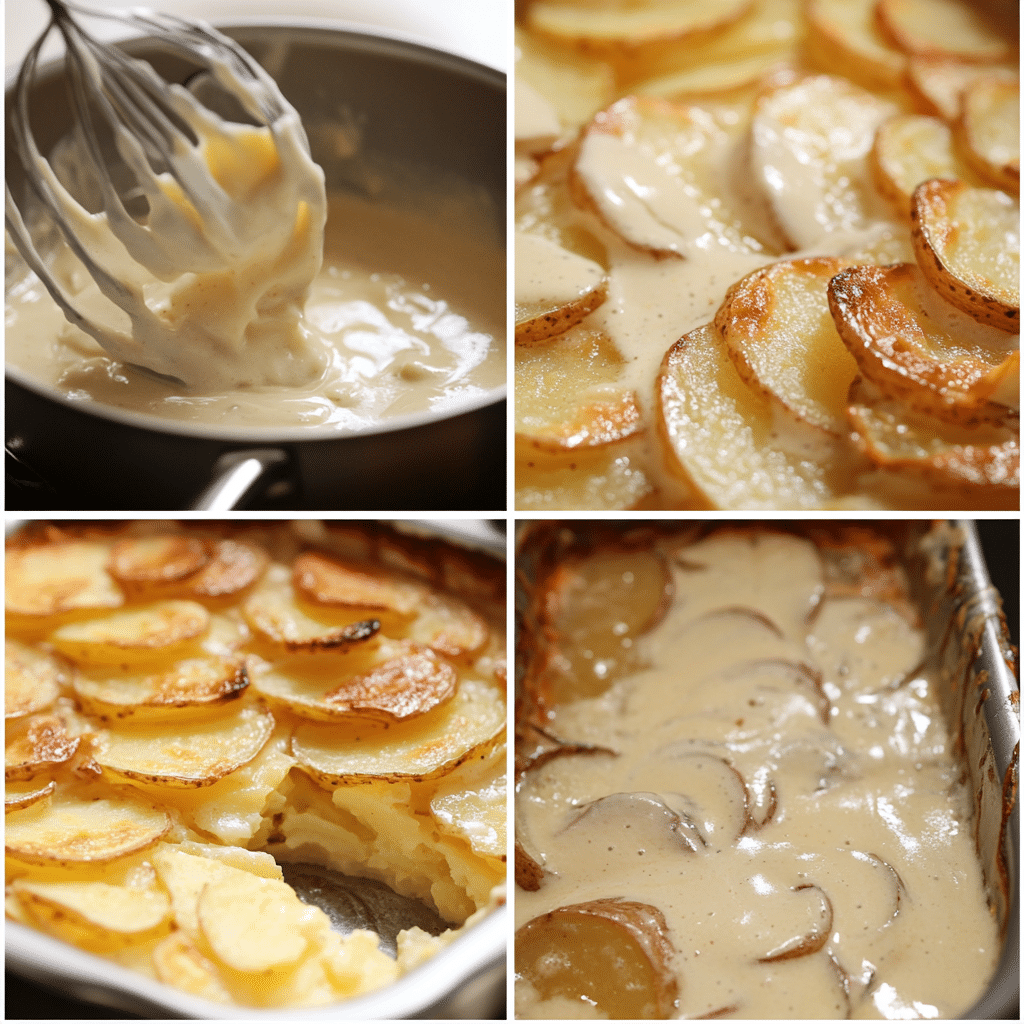 Four-step collage showing slicing potatoes, making sauce, layering, and baking scalloped potatoes