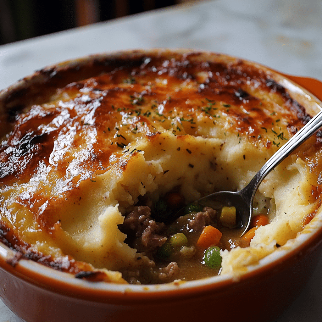 shepherds pie with mashed potato topping and lamb filling in a baking dish
