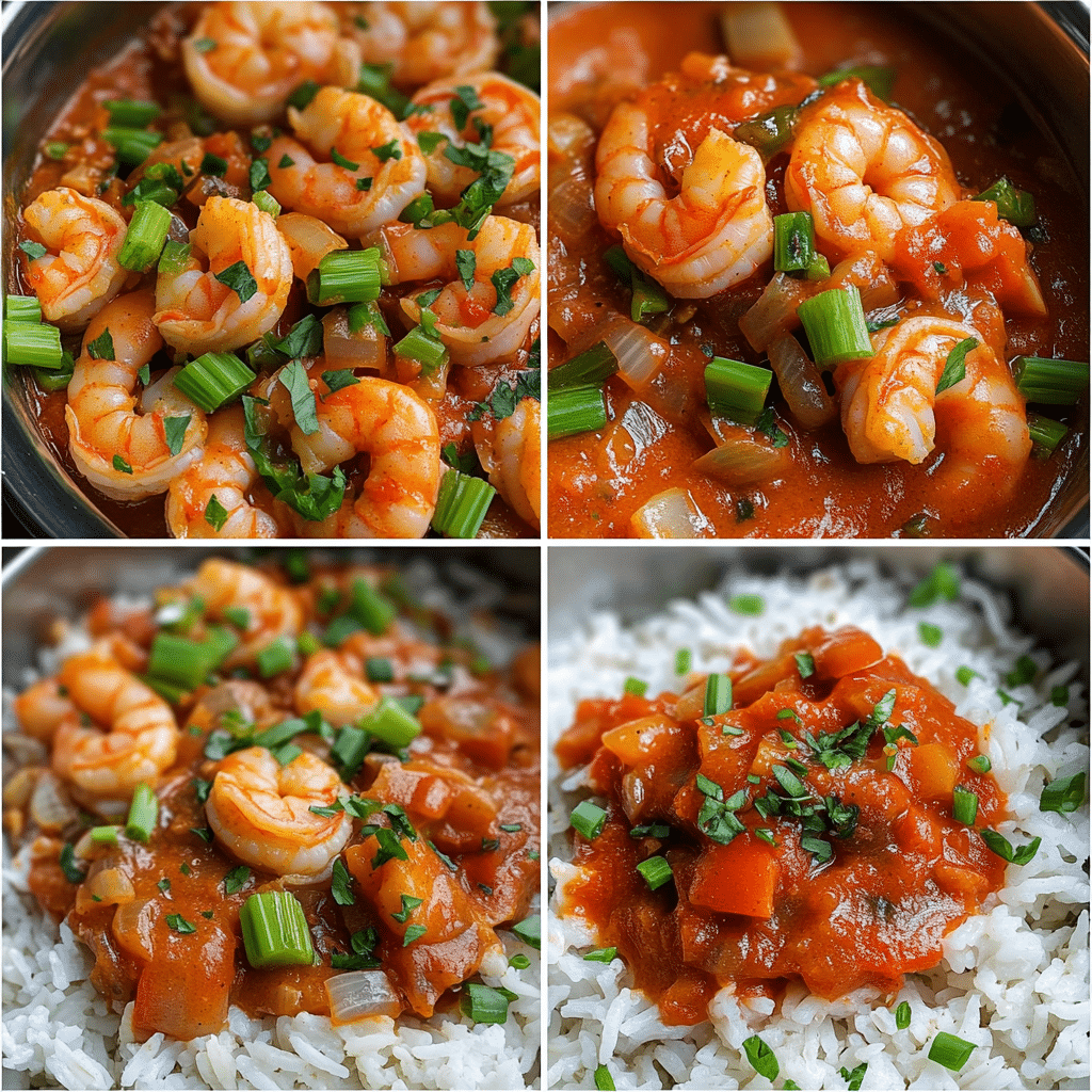 Four-panel collage showing sautéing vegetables, simmering tomato sauce, and serving shrimp creole over rice