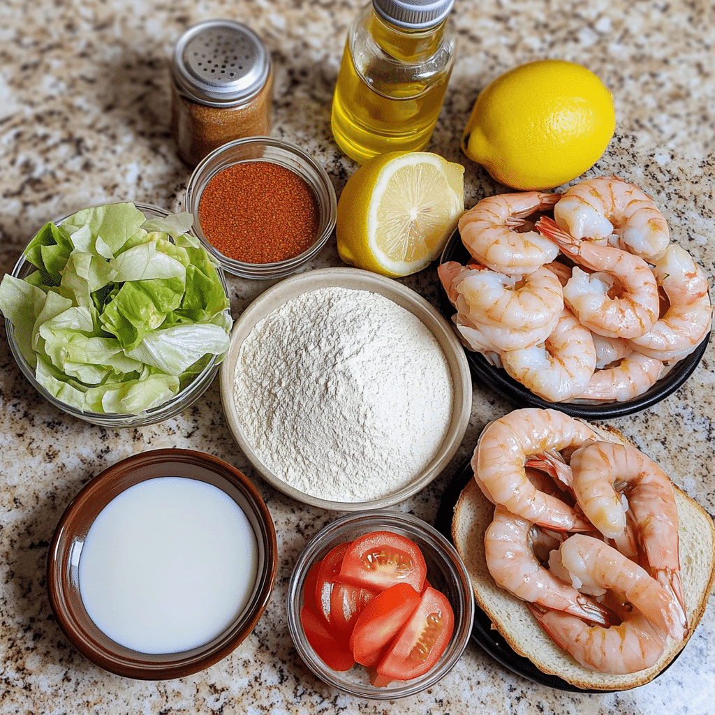 Overhead layout of ingredients for shrimp po boy including shrimp, breading, rolls, and toppings