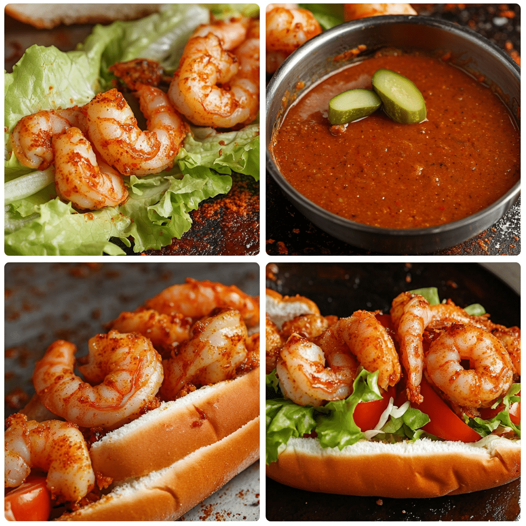 Four-panel collage showing breading shrimp, frying shrimp, mixing sauce, and assembling shrimp po boy